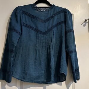 J. Crew XS Blue Lace-Trim Long Sleeve Blouse